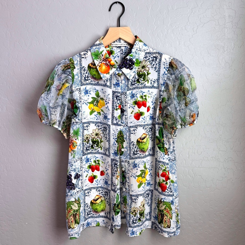 Alice + Olivia Willa Silk Puff Sleeve Blouse Fruit Market - Picture 2 of 16